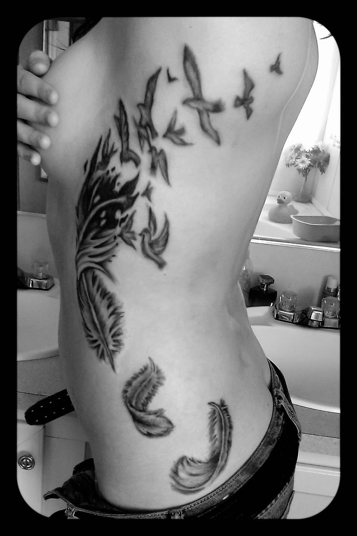 Side Body Bird Crow Feather Tattoo Picture 3
